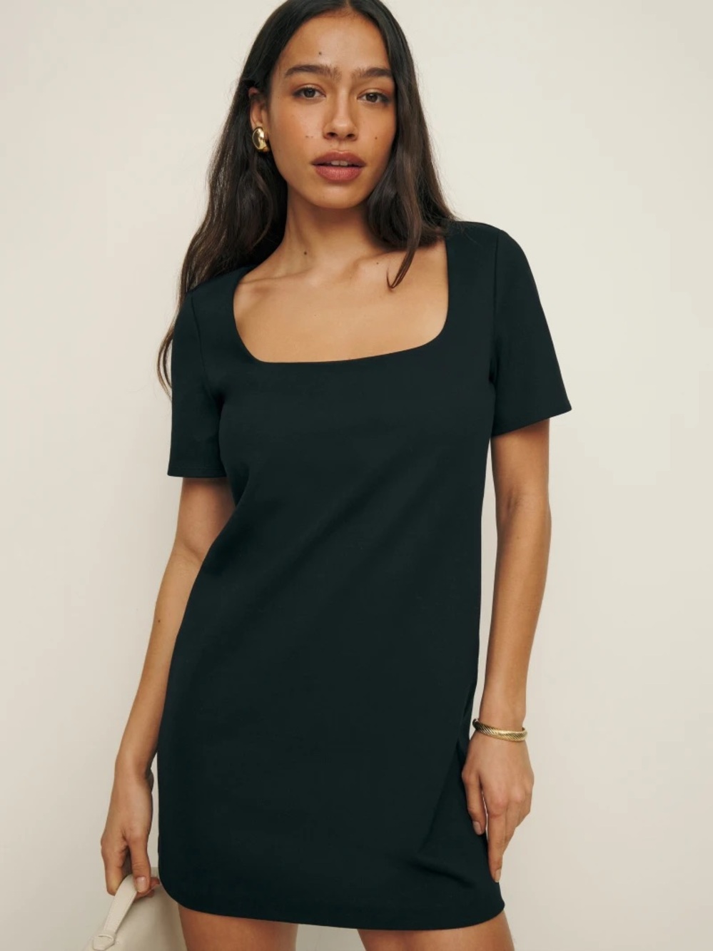 Reformation Square Neck Short Sleeve Mini Dress in Black